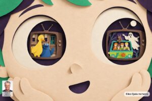 ילד מסתכל בשני מסכים: רחוב סומסום וקריקטורה אופיינית מאותה תקופה. מי מחזיק את הקהל בוובינר